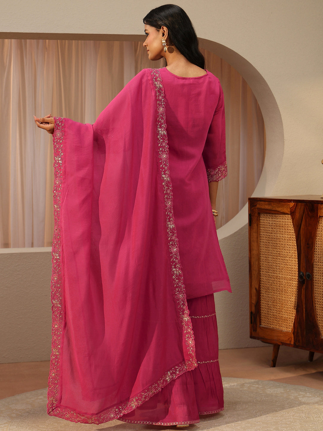 Pink Floral Embroidered Chanderi Cotton Straight Cotton Suit Set