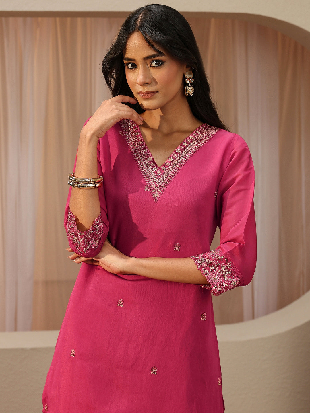 Pink Floral Embroidered Chanderi Cotton Straight Cotton Suit Set