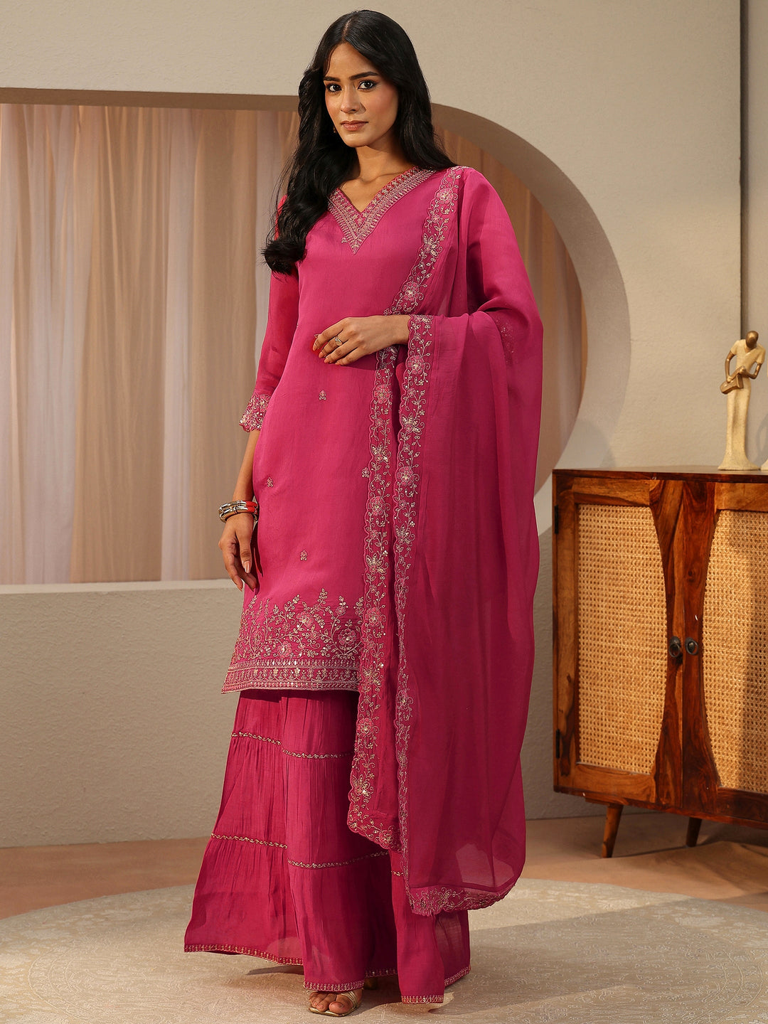 Pink Floral Embroidered Chanderi Cotton Straight Cotton Suit Set