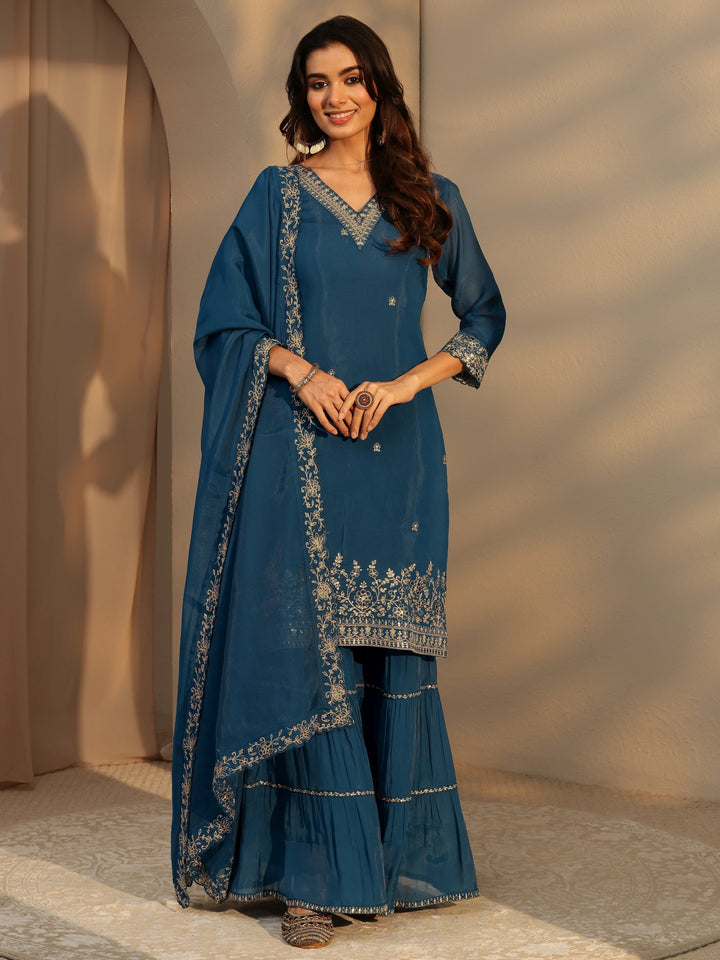 Libas Persian Blue Embellished Chanderi Cotton Sharara Suit Set