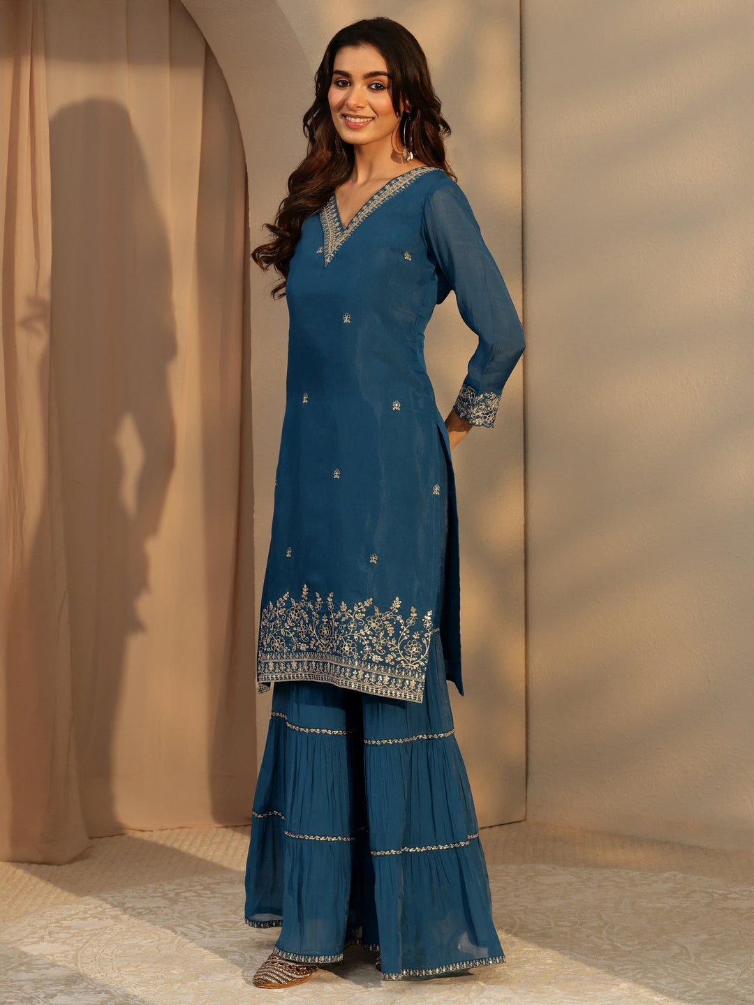 Libas Persian Blue Embellished Chanderi Cotton Sharara Suit Set