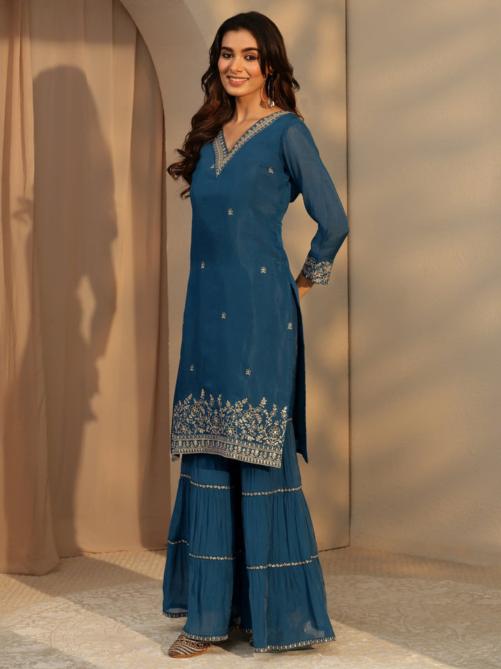 Libas Persian Blue Embellished Chanderi Cotton Sharara Suit Set