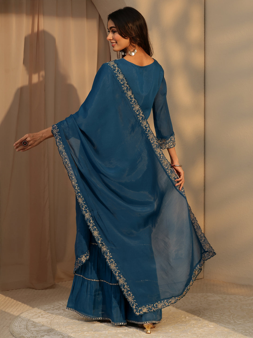 Libas Persian Blue Embellished Chanderi Cotton Sharara Suit Set