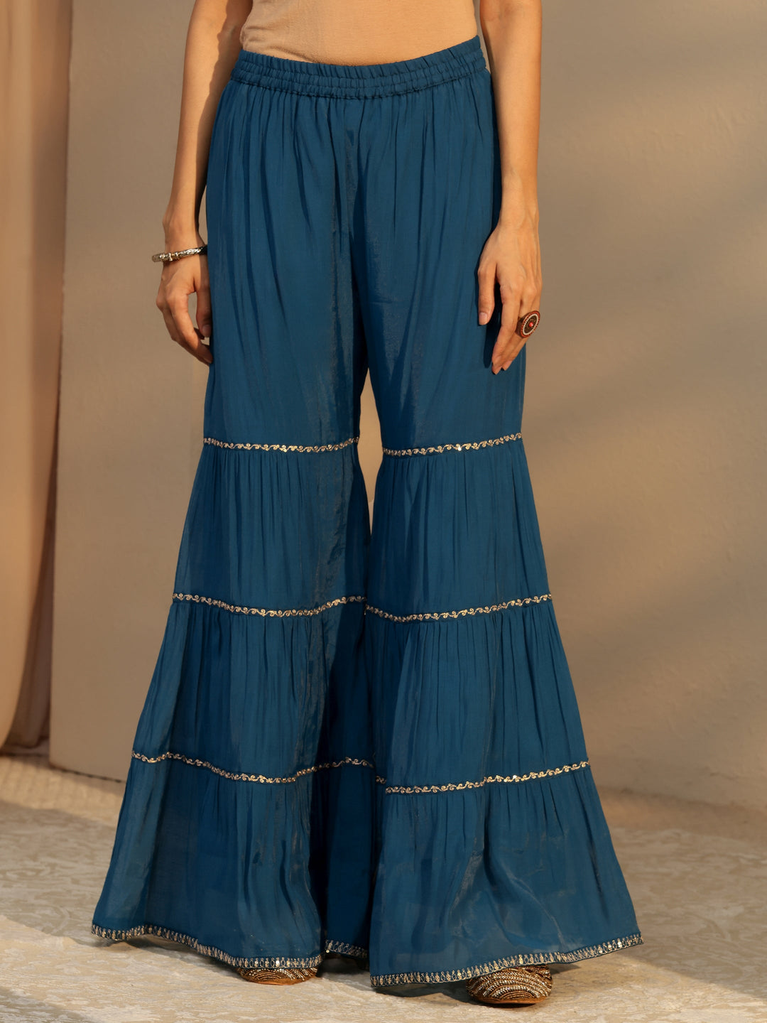 Libas Persian Blue Embellished Chanderi Cotton Sharara Suit Set
