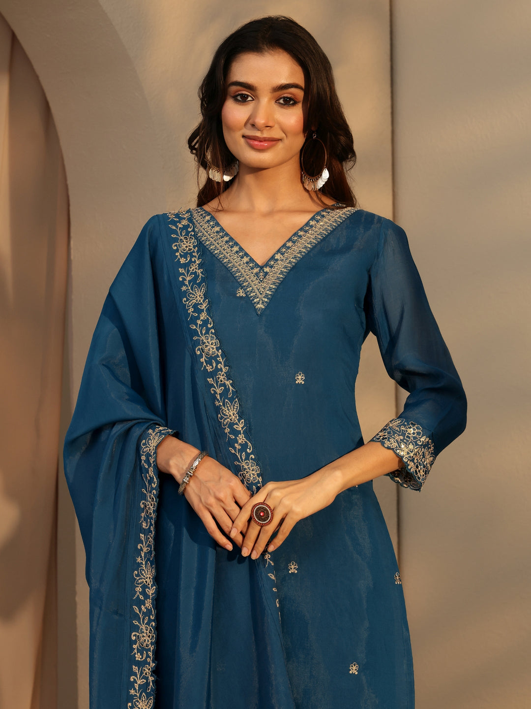 Libas Persian Blue Embellished Chanderi Cotton Sharara Suit Set