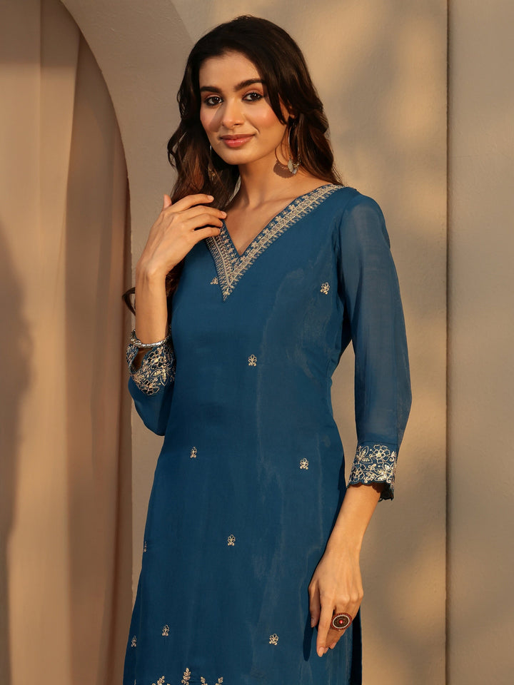 Libas Persian Blue Embellished Chanderi Cotton Sharara Suit Set