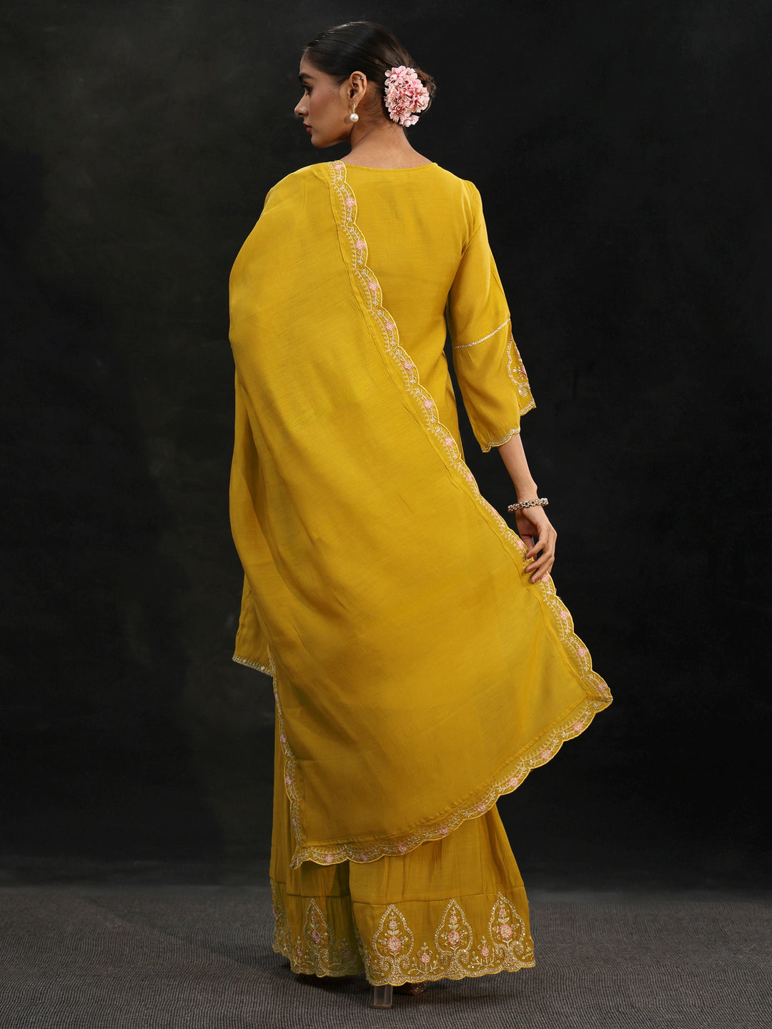 Libas Mustard Floral Yoke Chanderi Cotton Sharara Suit Set