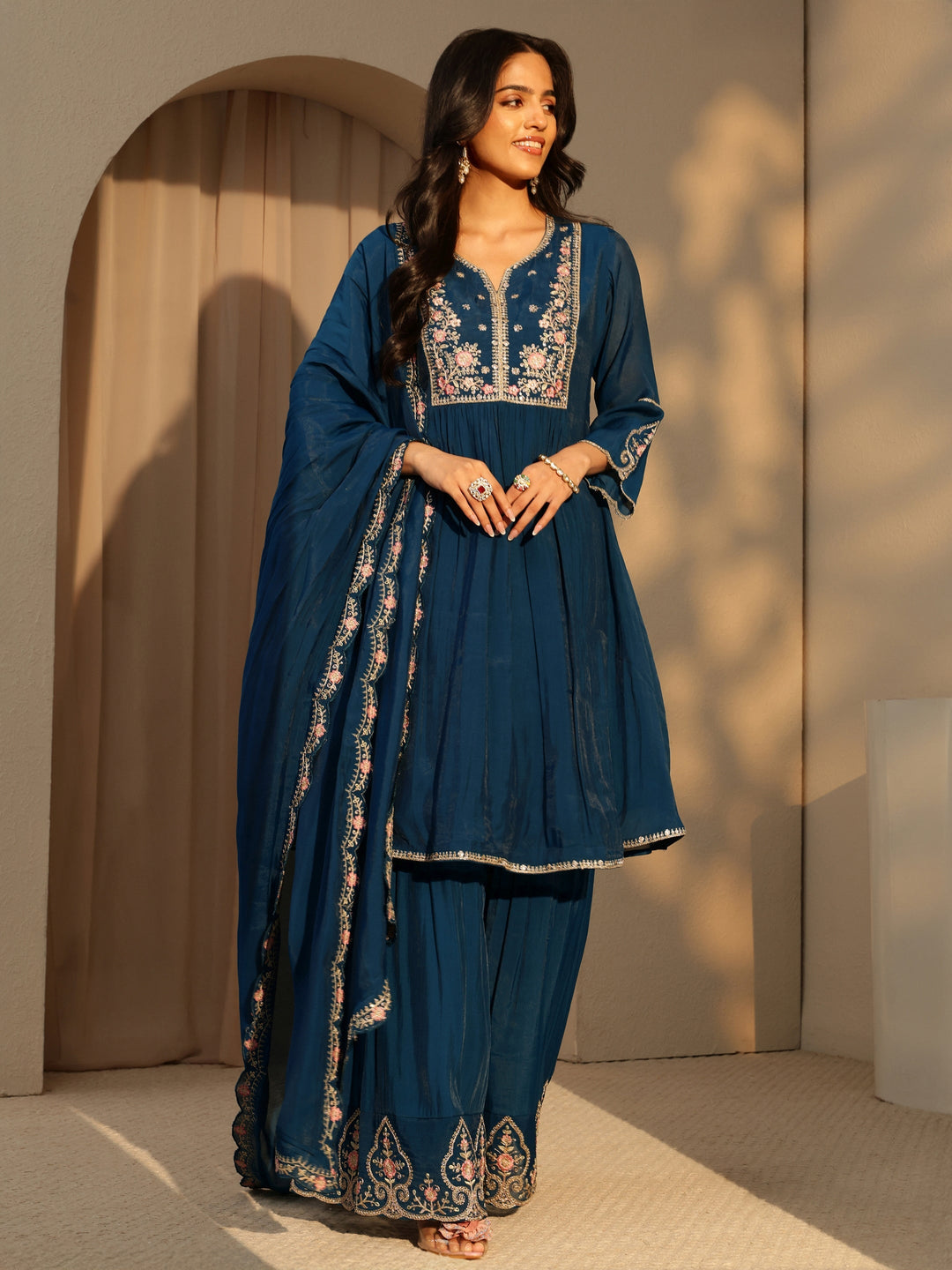 Libas Prussian Blue Embroidered Chanderi Cotton Sharara Suit Set