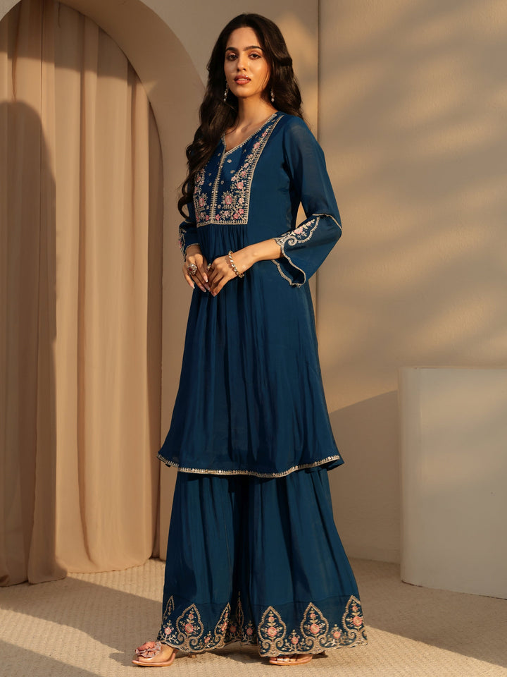 Libas Prussian Blue Embroidered Chanderi Cotton Sharara Suit Set
