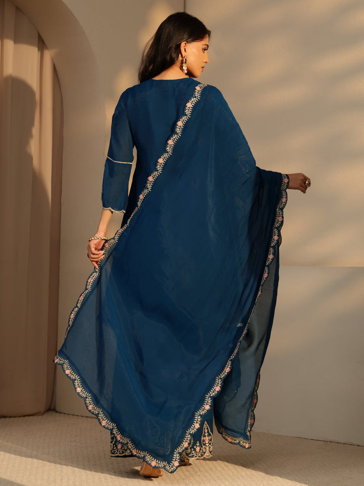 Libas Prussian Blue Embroidered Chanderi Cotton Sharara Suit Set