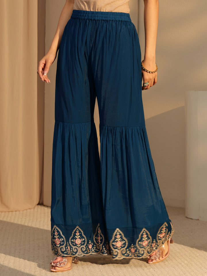 Libas Prussian Blue Embroidered Chanderi Cotton Sharara Suit Set