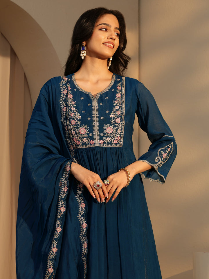 Libas Prussian Blue Embroidered Chanderi Cotton Sharara Suit Set