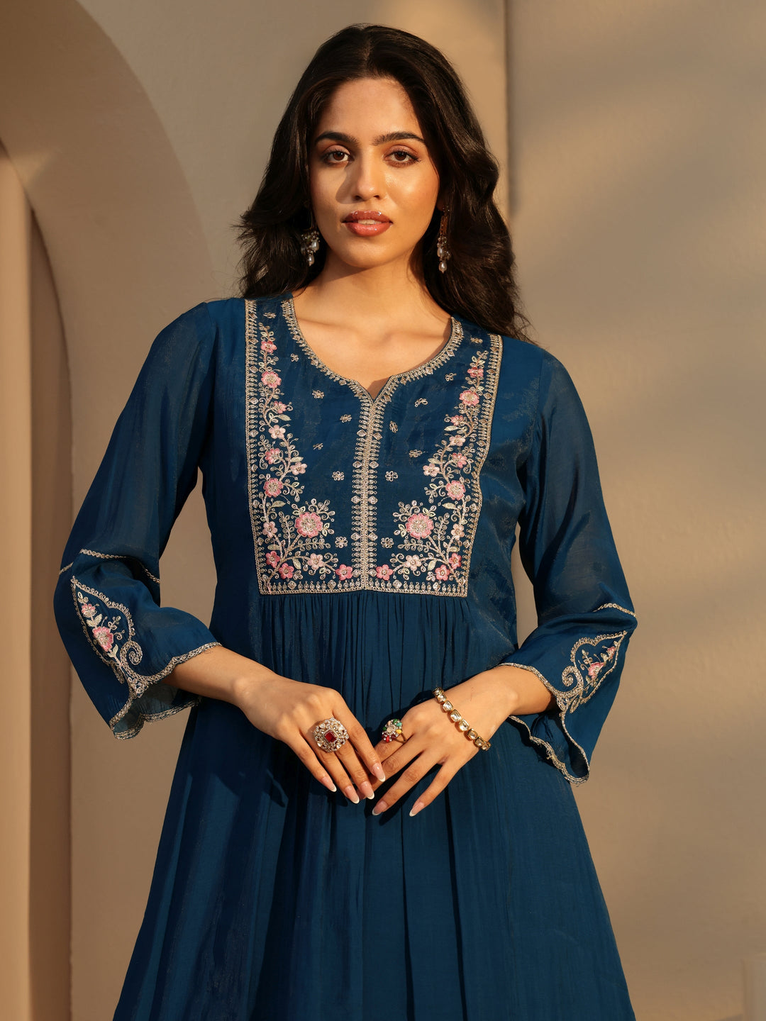 Libas Prussian Blue Embroidered Chanderi Cotton Sharara Suit Set