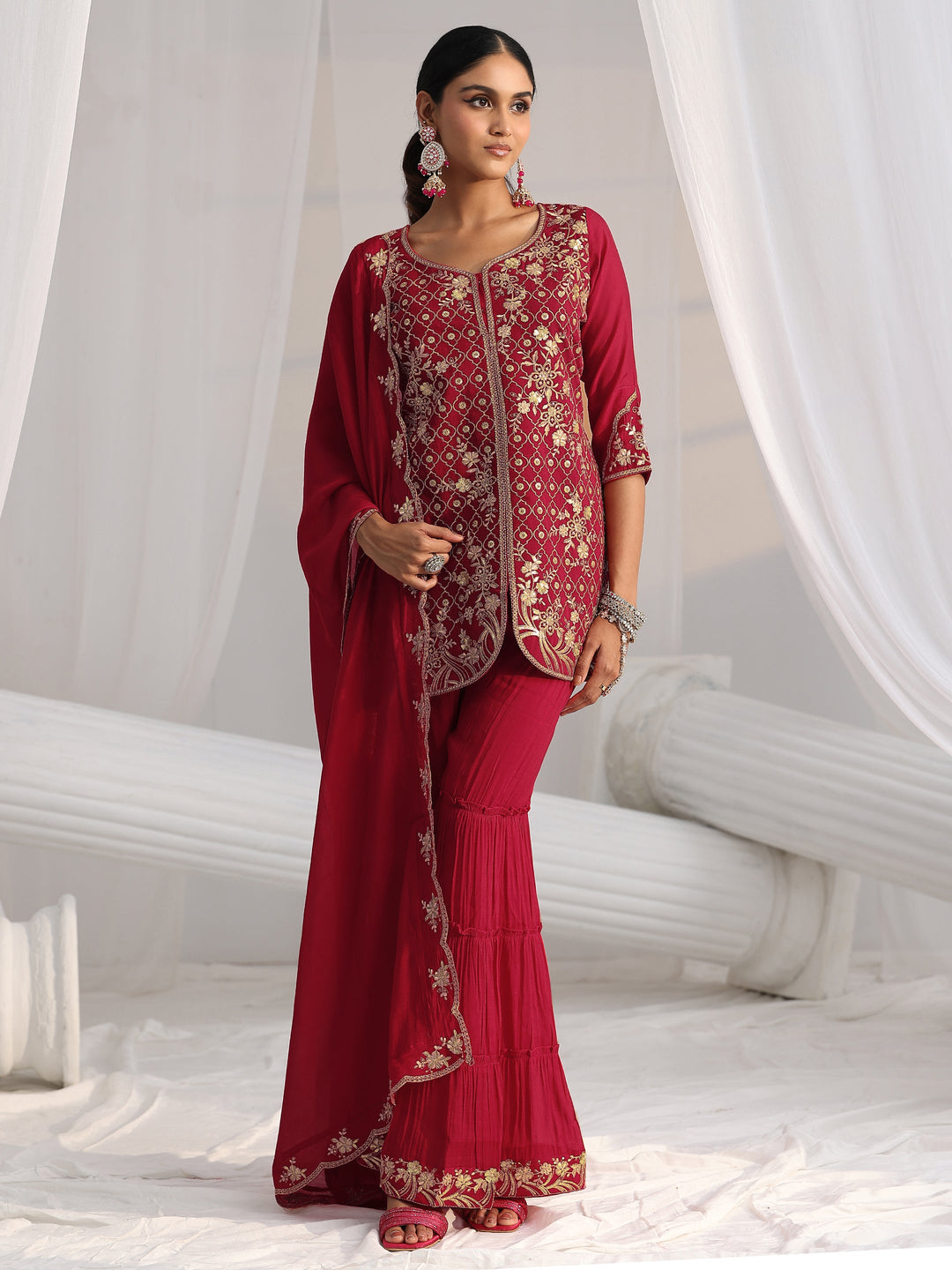Libas Rani Pink Floral Embroidered Chanderi Cotton Sharara Suit Set