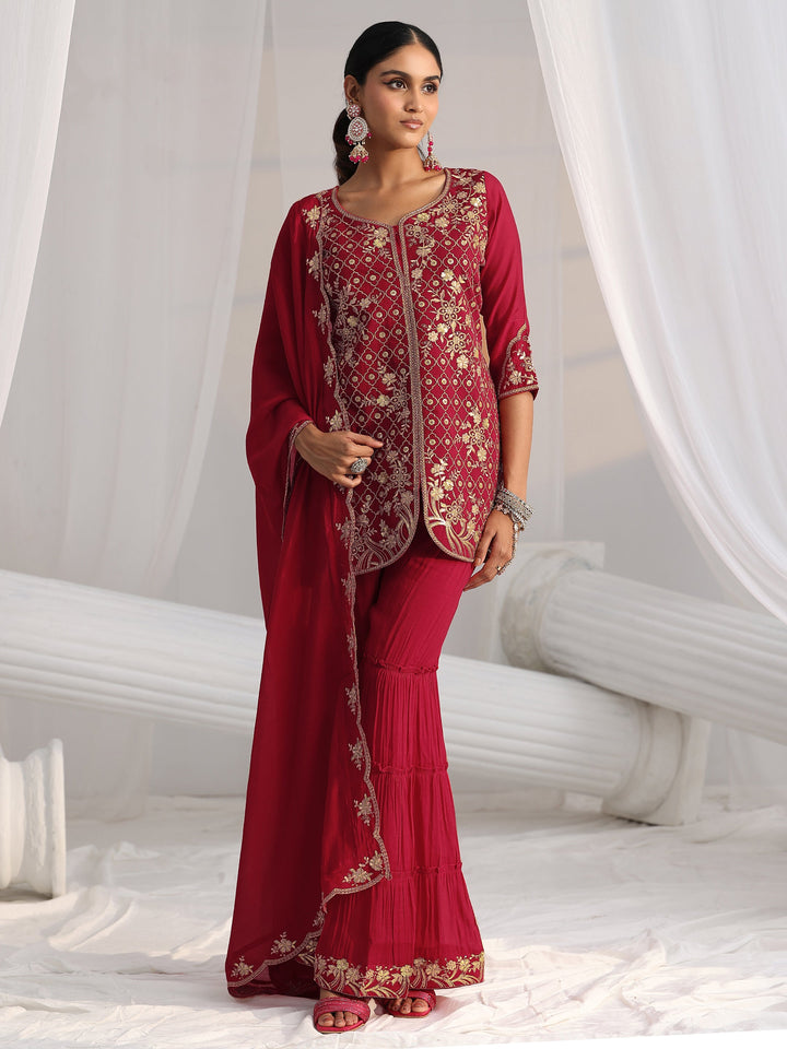 Libas Rani Pink Floral Embroidered Chanderi Cotton Sharara Suit Set