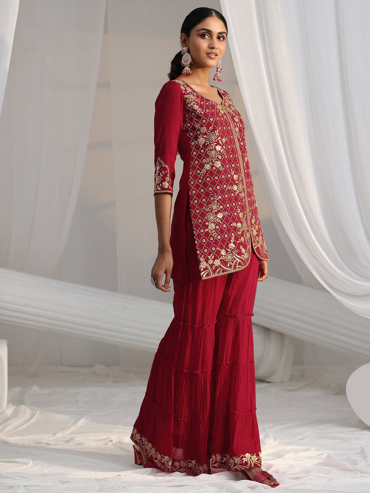 Libas Rani Pink Floral Embroidered Chanderi Cotton Sharara Suit Set