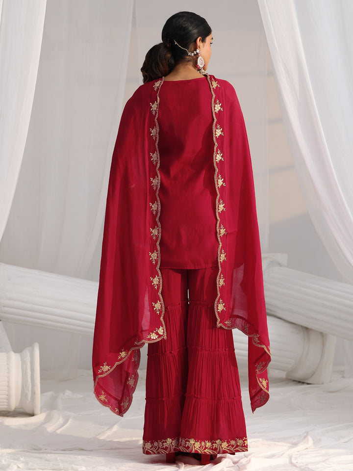 Libas Rani Pink Floral Embroidered Chanderi Cotton Sharara Suit Set