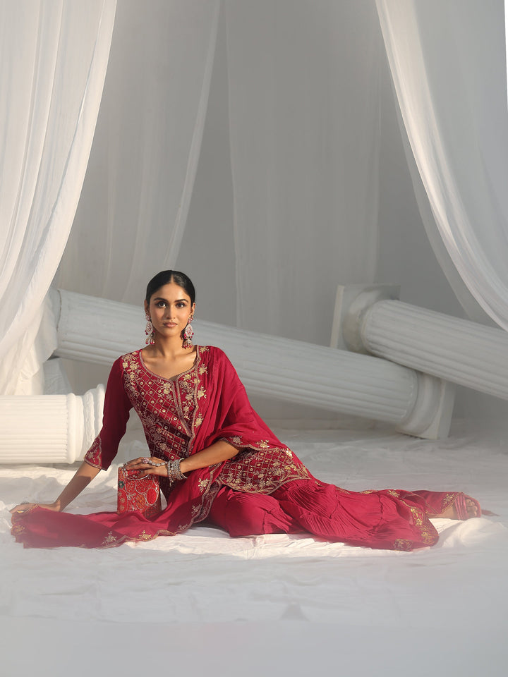 Libas Rani Pink Floral Embroidered Chanderi Cotton Sharara Suit Set