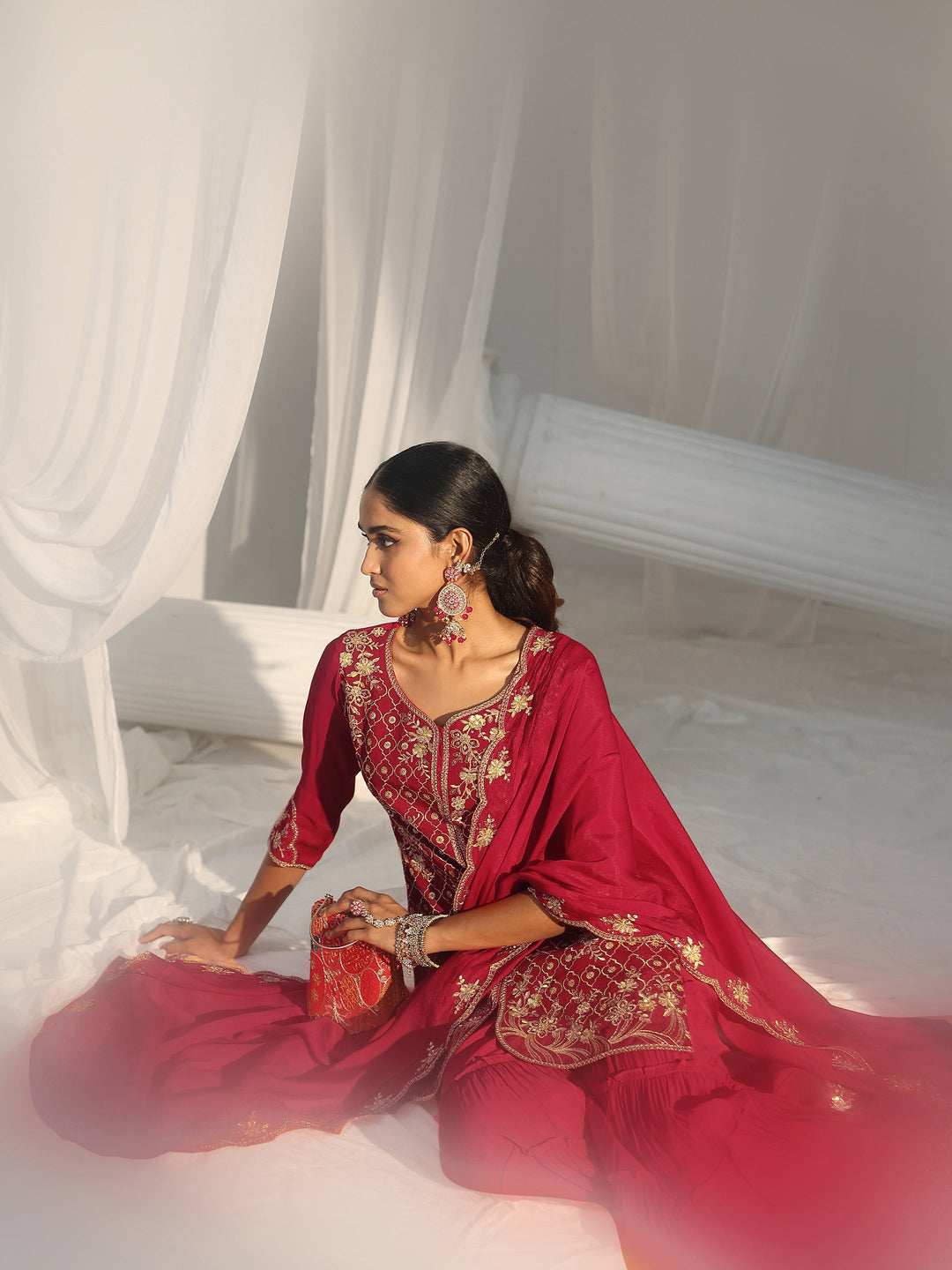 Libas Rani Pink Floral Embroidered Chanderi Cotton Sharara Suit Set
