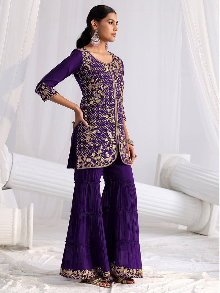 Libas Royal Purple Floral Embroidered Chanderi Cotton Sharara Suit Set