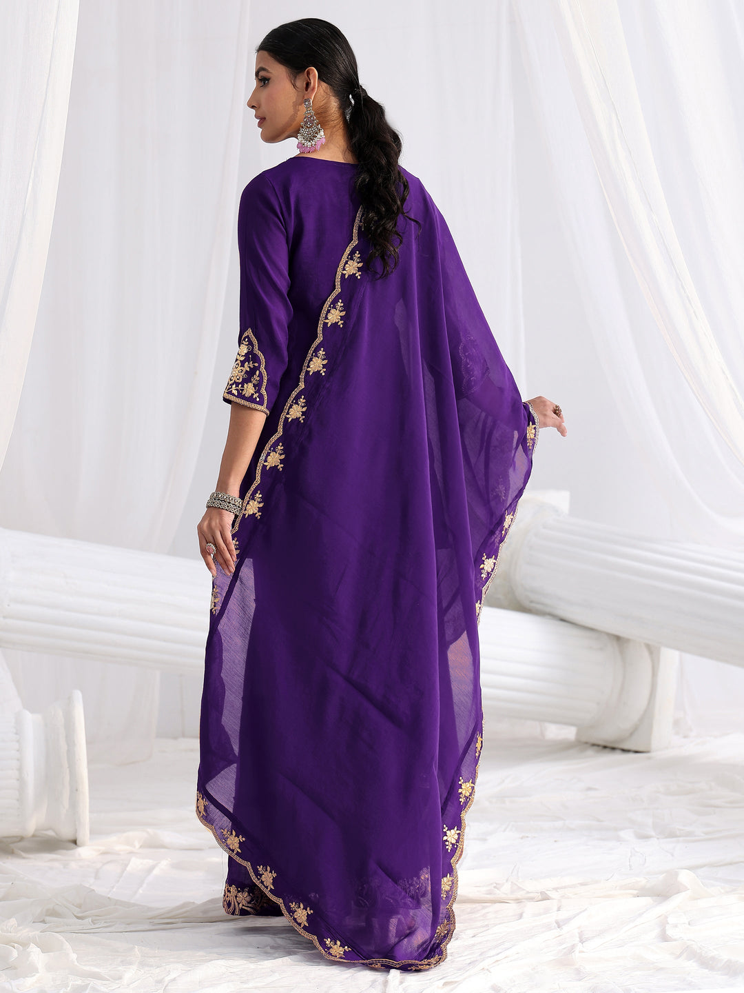 Libas Royal Purple Floral Embroidered Chanderi Cotton Sharara Suit Set