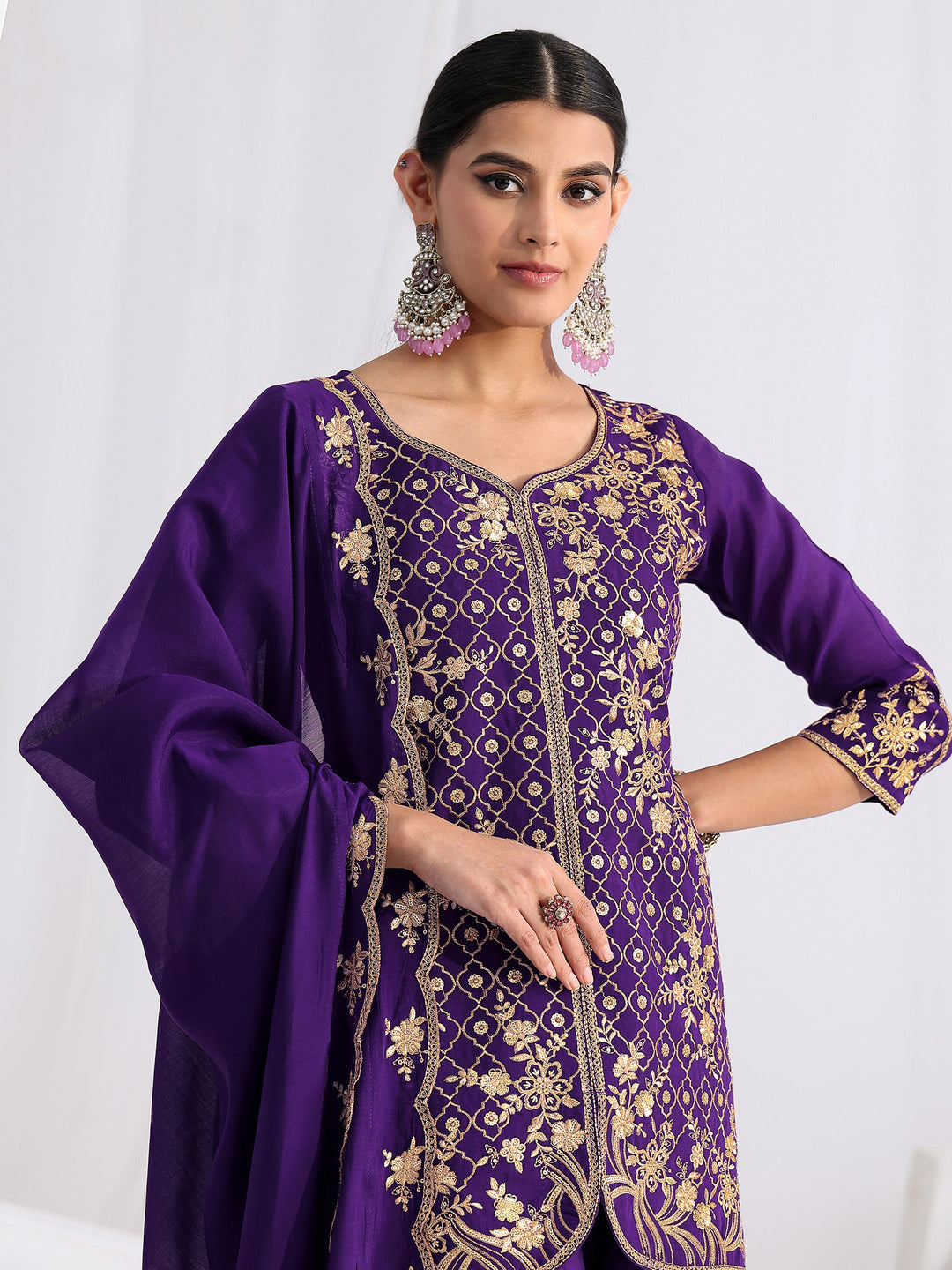 Libas Royal Purple Floral Embroidered Chanderi Cotton Sharara Suit Set