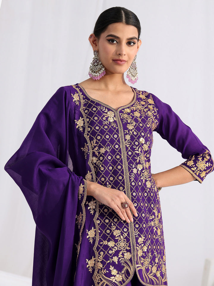 Libas Royal Purple Floral Embroidered Chanderi Cotton Sharara Suit Set