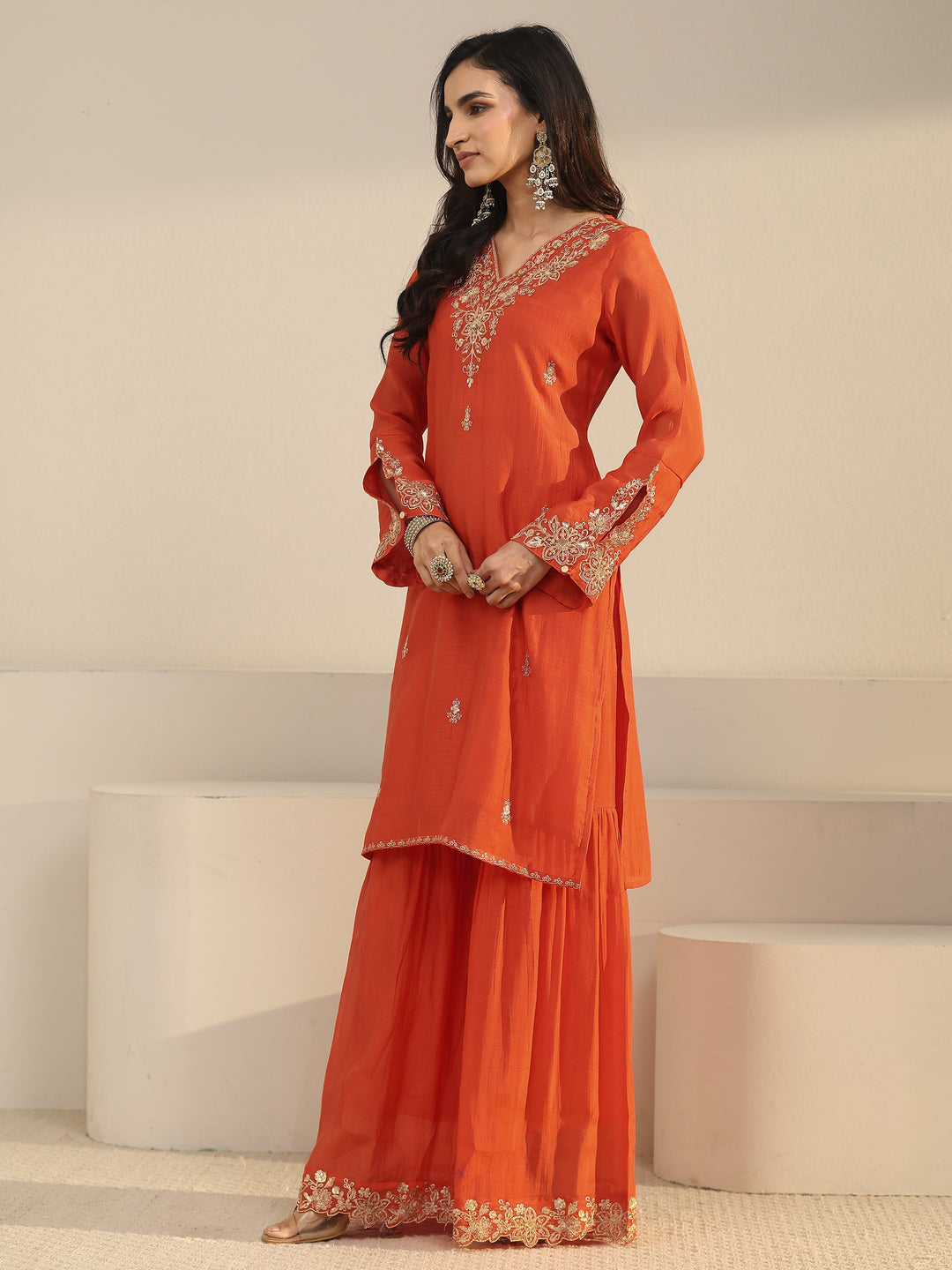Libas Orange Floral Embroidered Chanderi Cotton Sharara Suit Set