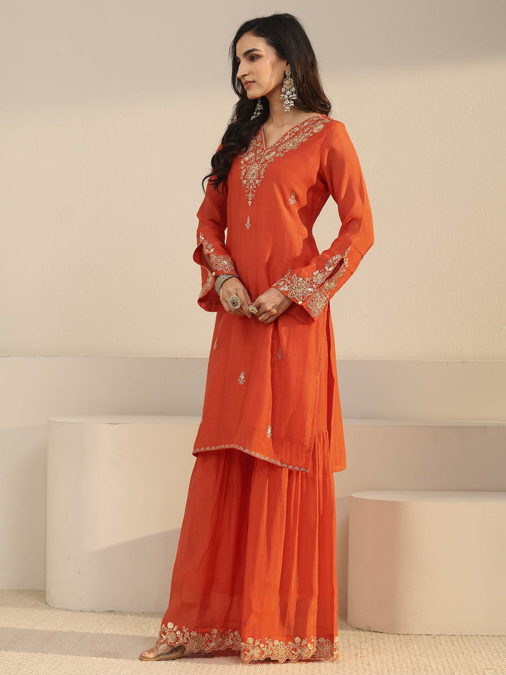 Libas Orange Floral Embroidered Chanderi Cotton Sharara Suit Set