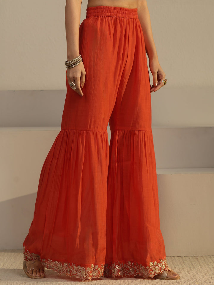 Libas Orange Floral Embroidered Chanderi Cotton Sharara Suit Set