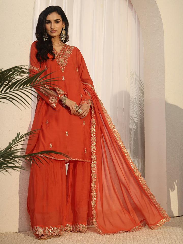 Libas Orange Floral Embroidered Chanderi Cotton Sharara Suit Set
