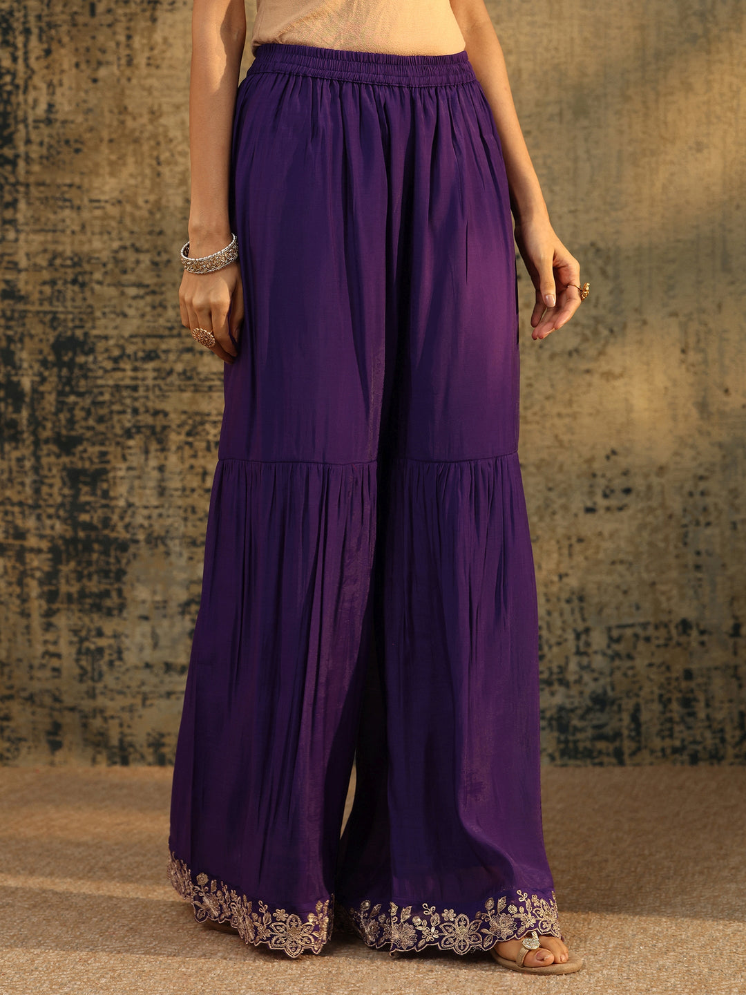 Libas Aubergine Purple Floral Embroidered Chanderi Cotton Palazzo Suit Set
