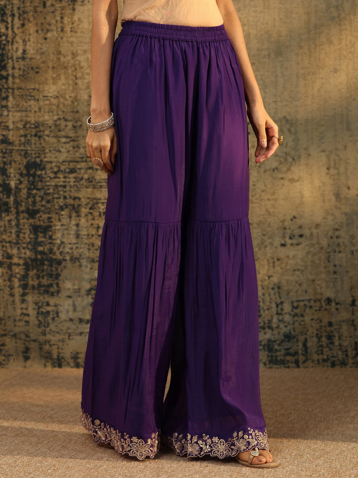 Libas Aubergine Purple Floral Embroidered Chanderi Cotton Palazzo Suit Set