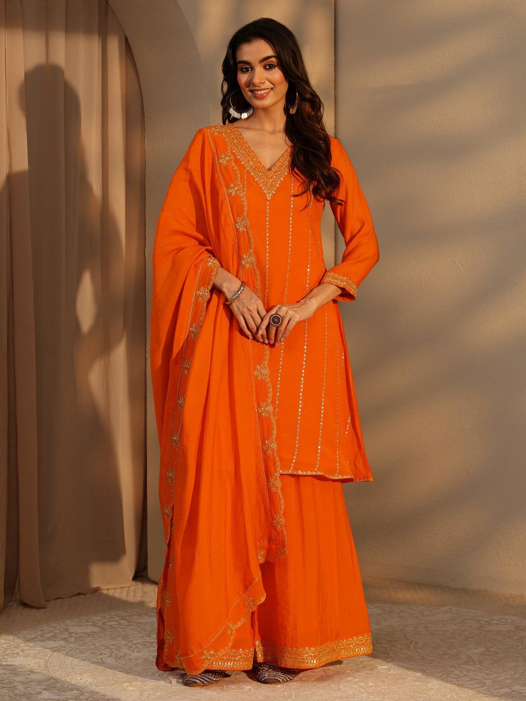Libas Tangerine Embellished Yoke Chanderi Cotton Palazzo Suit Set