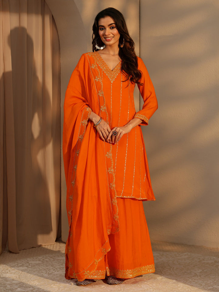 Libas Tangerine Embellished Yoke Chanderi Cotton Palazzo Suit Set