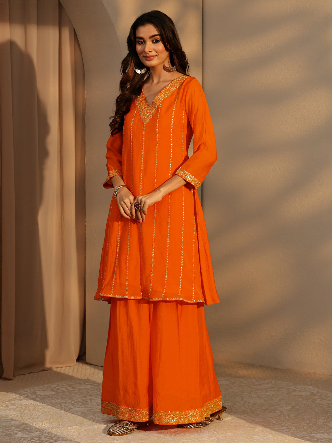 Libas Tangerine Embellished Yoke Chanderi Cotton Palazzo Suit Set