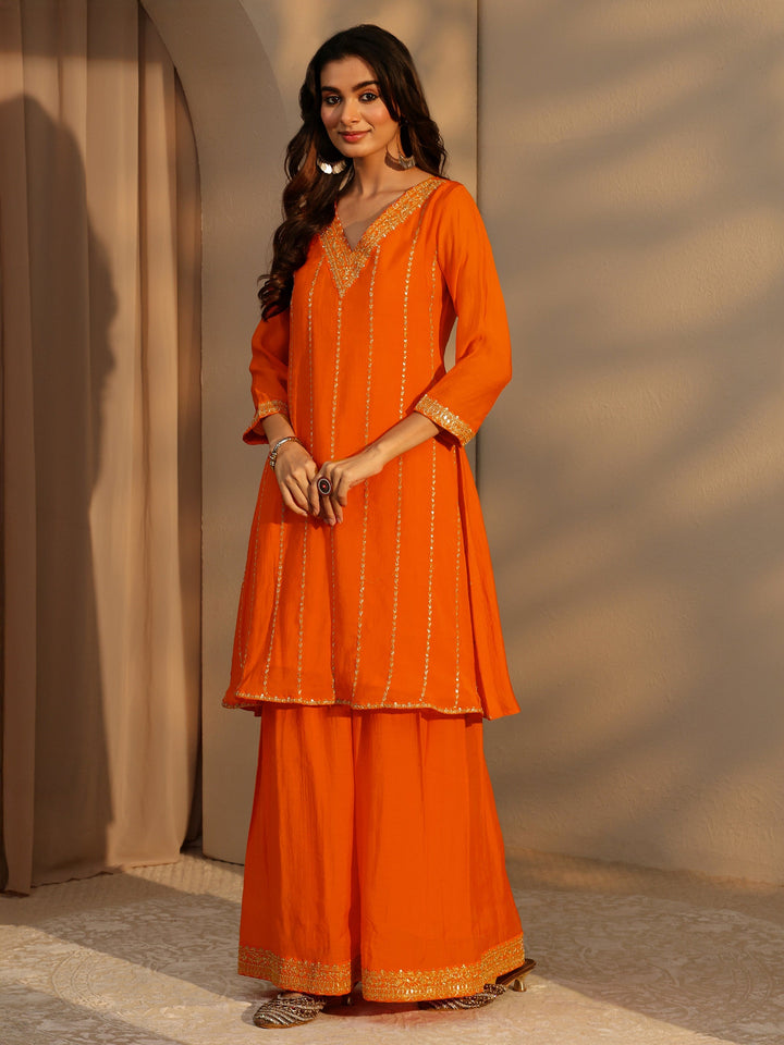 Libas Tangerine Embellished Yoke Chanderi Cotton Palazzo Suit Set