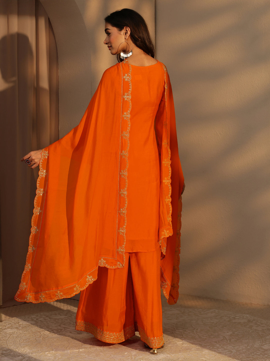 Libas Tangerine Embellished Yoke Chanderi Cotton Palazzo Suit Set