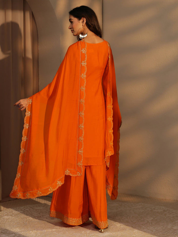 Libas Tangerine Embellished Yoke Chanderi Cotton Palazzo Suit Set
