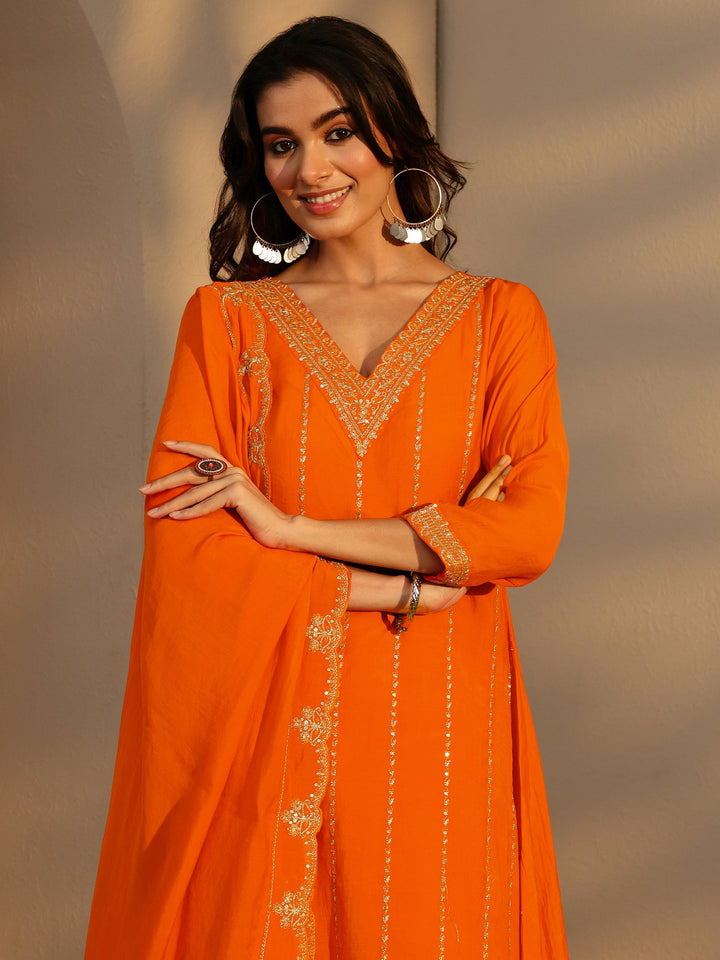Libas Tangerine Embellished Yoke Chanderi Cotton Palazzo Suit Set