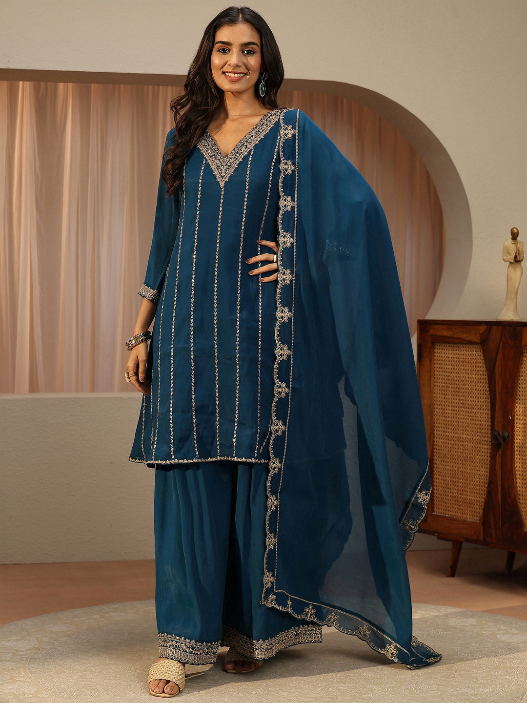 Blue Ethnic Embroidered Chanderi Cotton A-line Suit Set