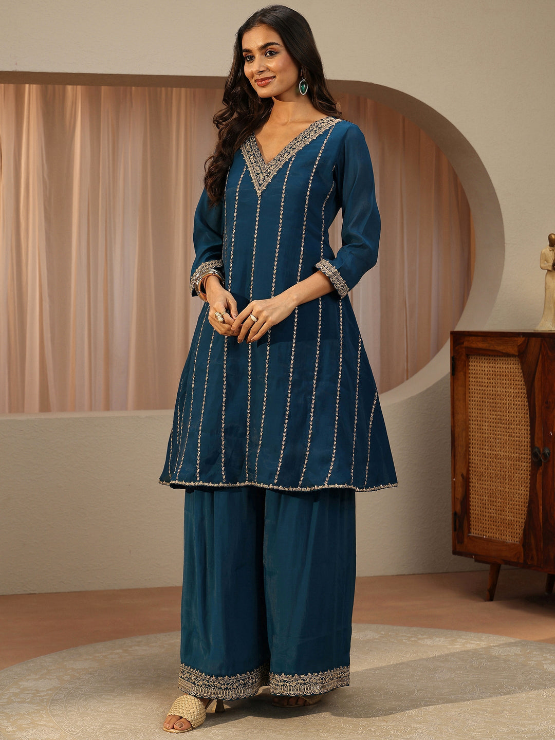 Blue Ethnic Embroidered Chanderi Cotton A-line Suit Set