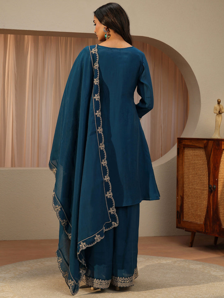 Blue Ethnic Embroidered Chanderi Cotton A-line Suit Set