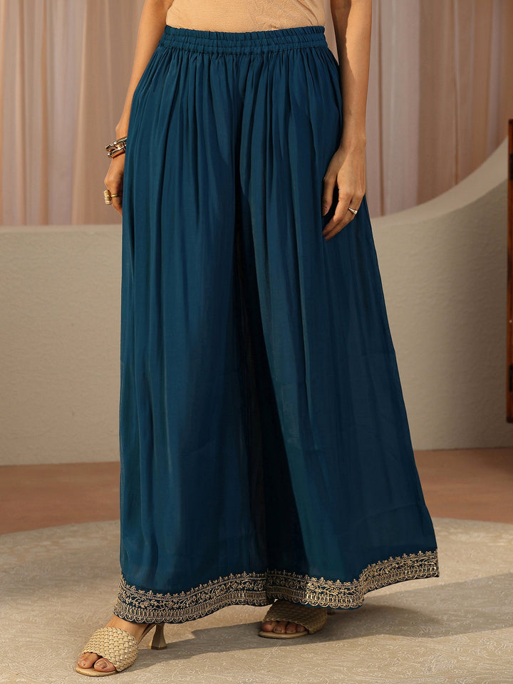 Blue Ethnic Embroidered Chanderi Cotton A-line Suit Set