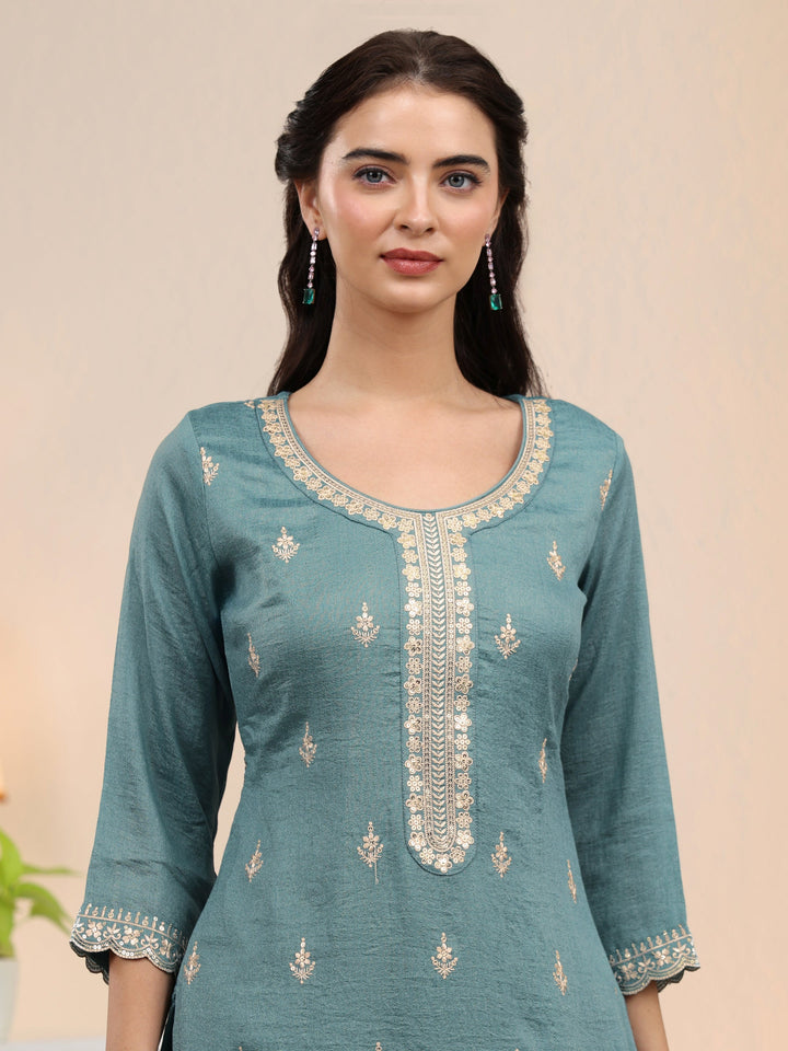 Libas Dusty Blue Floral Embroidered Silk Blend Palazzo Suit Set
