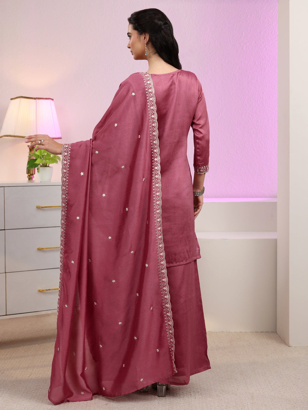 Libas Dusty Rose Pink Floral Embroidered Silk Blend Palazzo Suit Set