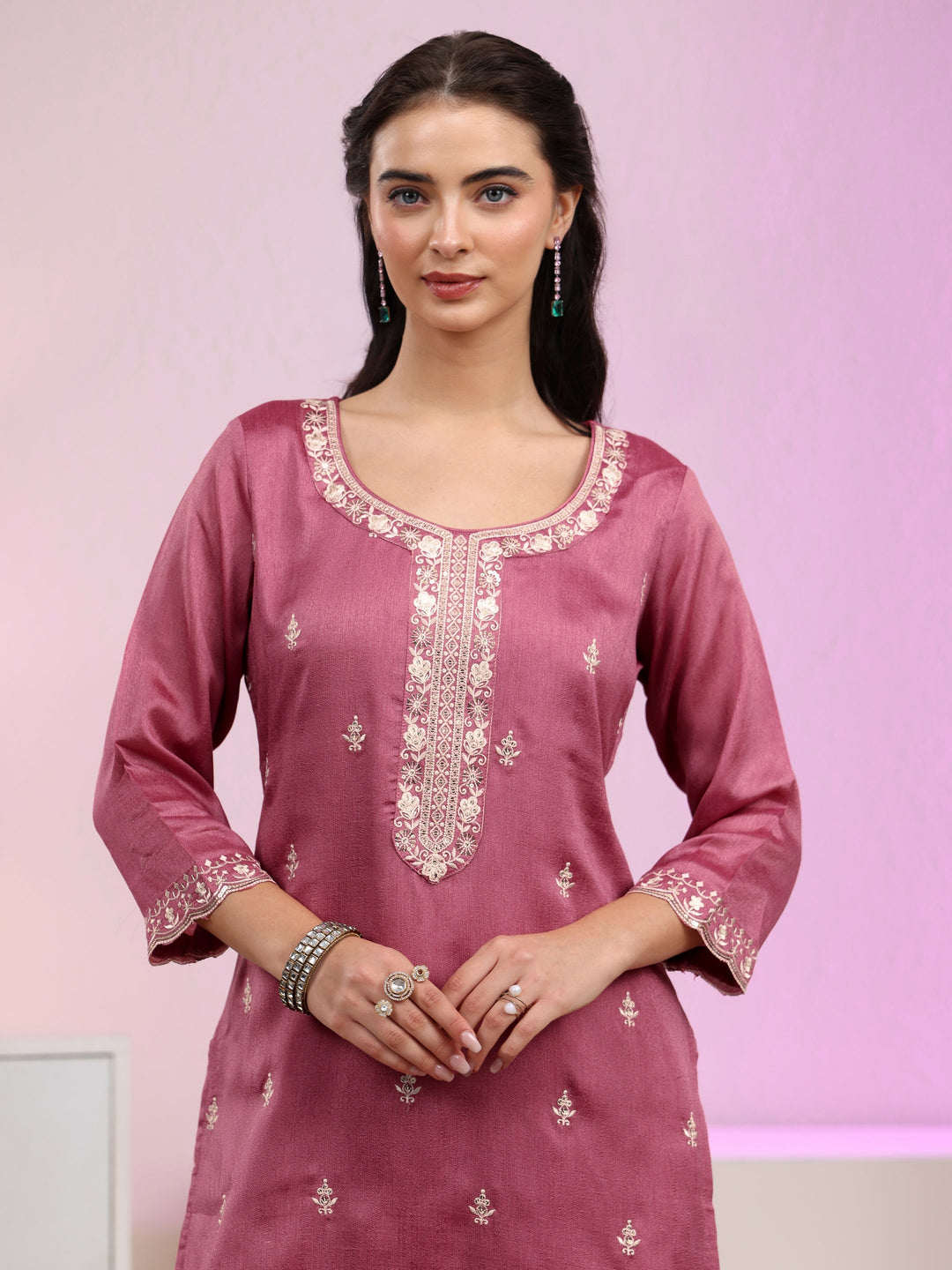 Libas Dusty Rose Pink Floral Embroidered Silk Blend Palazzo Suit Set
