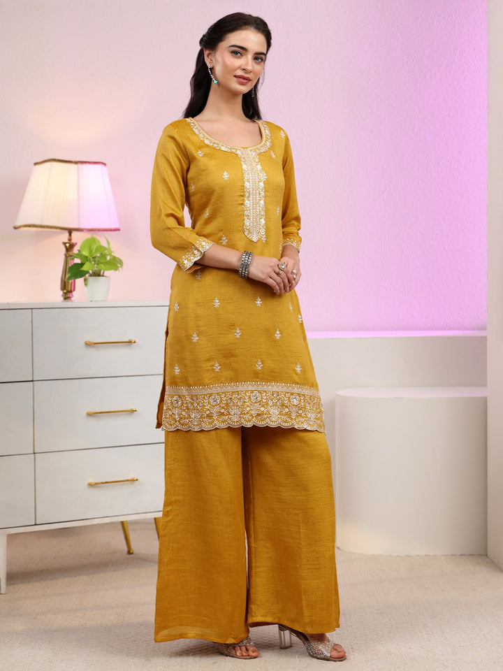 Libas Mustard Floral Embroidered Silk Blend Palazzo Suit Set