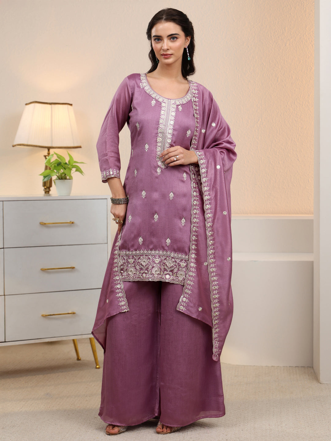 Libas Mauve Floral Embroidered Silk Blend Palazzo Suit Set