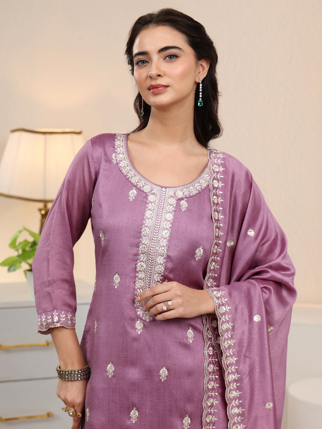Libas Mauve Floral Embroidered Silk Blend Palazzo Suit Set